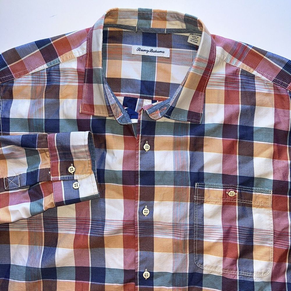 Tommy Bahama Blue‎ Pink Yellow Plaid Long Sleeve Shirt 2XL